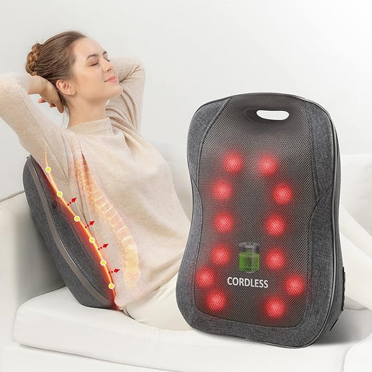 Cordless Back Massager Waist Massager with Heat - Rechargeable Chair Massager, Shiatsu Massage Chair Pad with Adjustable Intensity,Portable Massage Cushion, Ideal Gifts for Men/Women